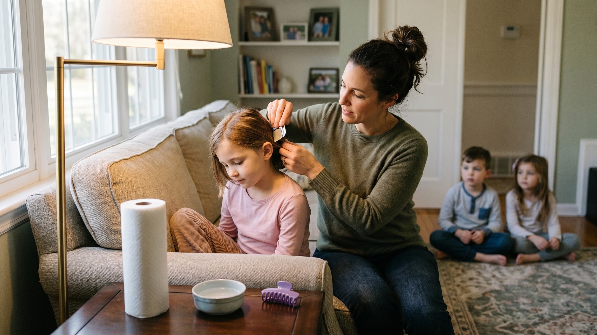 Parent sitting on a living room couch checking an elementary-age child's hair section by section with a fine metal nit comb under a bright lamp