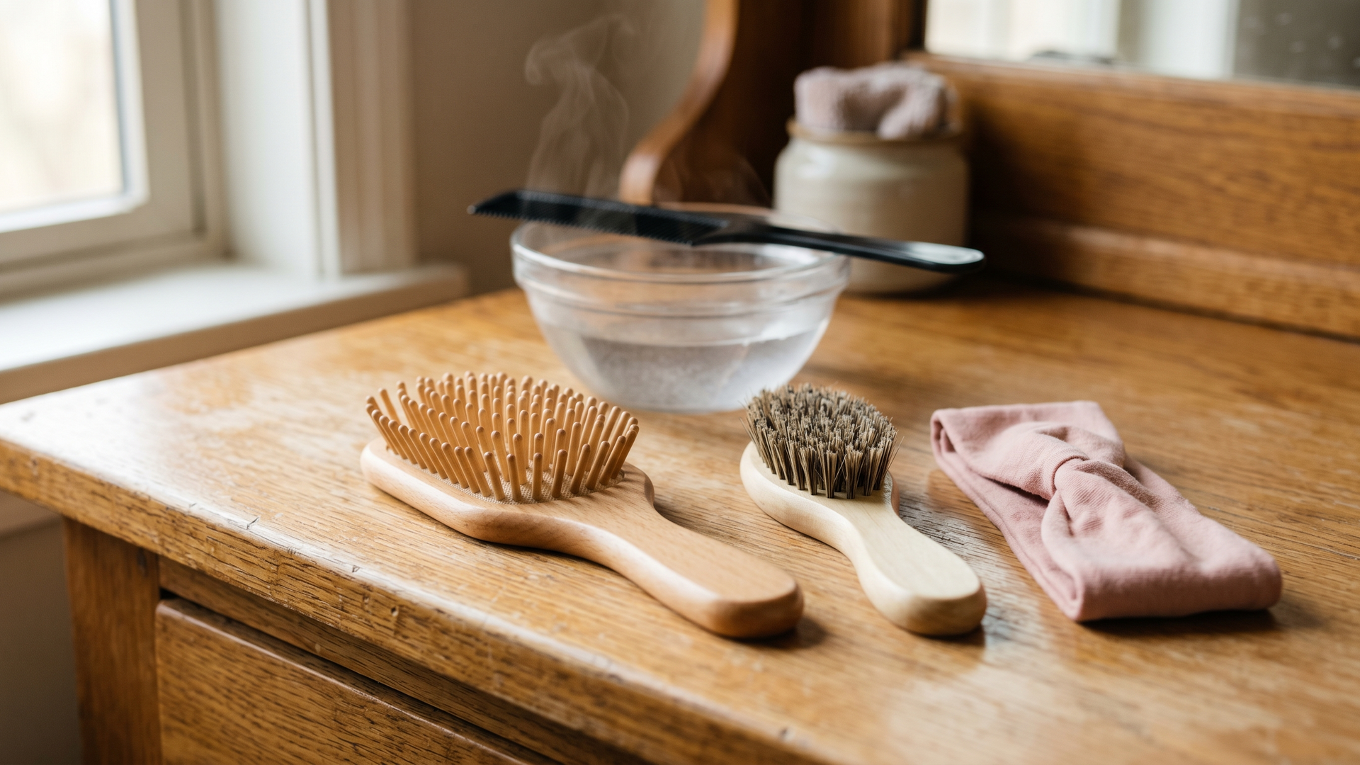 Children's hairbrushes, a comb, and a soft fabric headband on a wooden vanity counter ready for a hot water soak after a lice case.