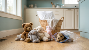 Pile of children's plush stuffed animals next to a sealed plastic storage bag and laundry basket on a kitchen floor