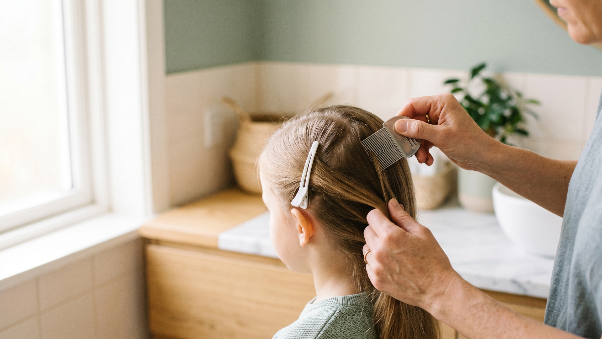 Parent gently sectioning a child's clean, brushed light-brown hair with a fine-tooth metal lice comb at a bright bathroom counter.