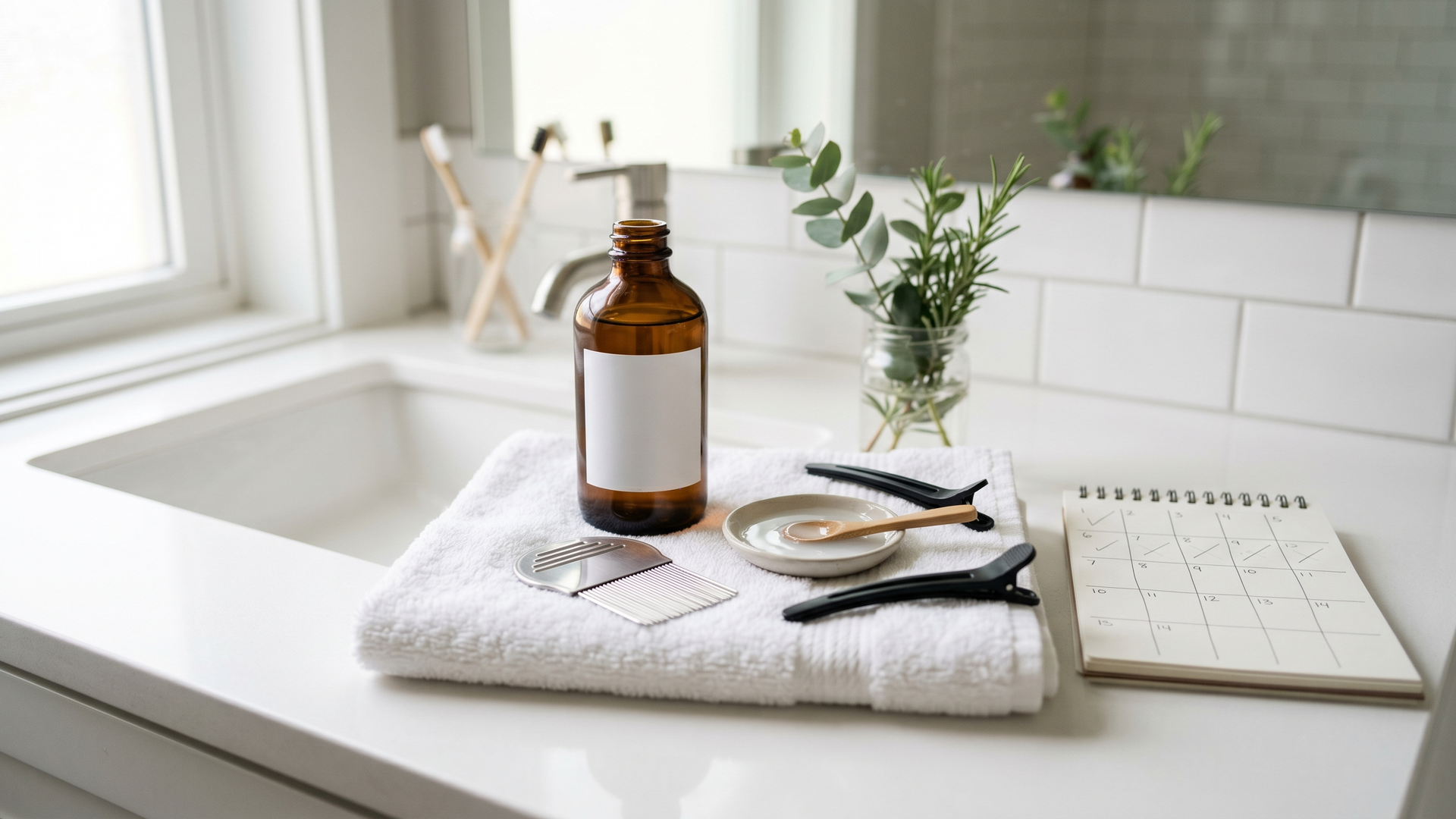 Natural treatment supplies and a metal lice comb on a bathroom counter