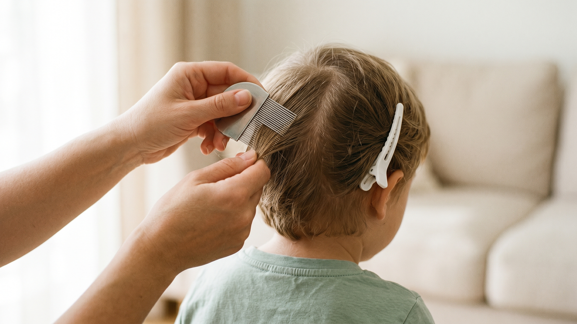 Close-up of a fine-tooth comb removing nits from a child?s hair
