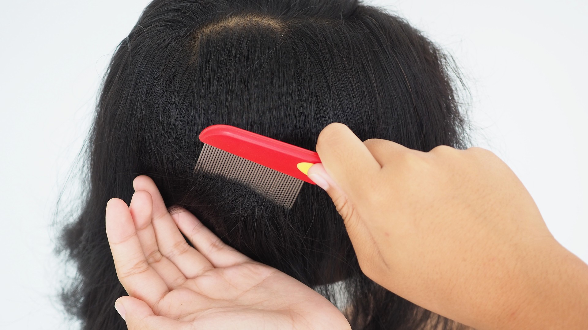 Parent gently checking a child?s hair for head lice at home