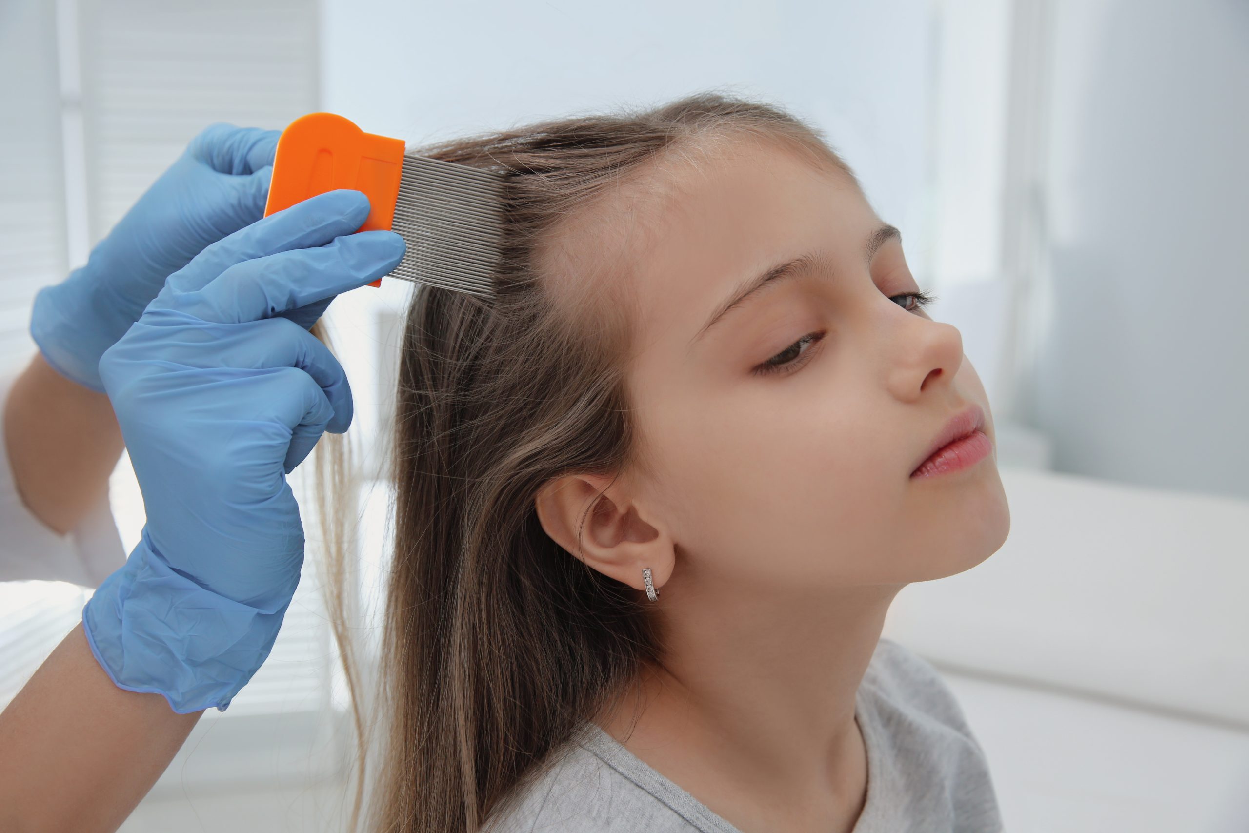 A lice specialist using a fine-tooth nit comb to remove lice from a child's hair during a professional clinic treatment
